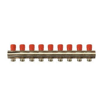RELION 9 WAY 1\" BRASS NICKEL PLATED PLUMBING MANIFOLD WITH RED HANDLE