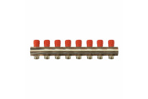 RELION 8 WAY 1\" BRASS NICKEL PLATED PLUMBING MANIFOLD WITH RED HANDLE