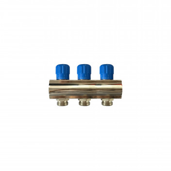 RELION 3 WAY 1\" BRASS NICKEL PLATED PLUMBING MANIFOLD WITH BLUE HANDLE