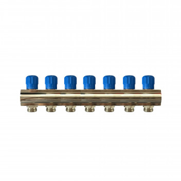 RELION 7 WAY 1\" BRASS NICKEL PLATED PLUMBING MANIFOLD WITH BLUE HANDLE