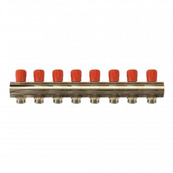 RELION 8 WAY 1\" BRASS NICKEL PLATED PLUMBING MANIFOLD WITH RED HANDLE