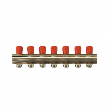 RELION 7 WAY 1\" BRASS NICKEL PLATED PLUMBING MANIFOLD WITH RED HANDLE