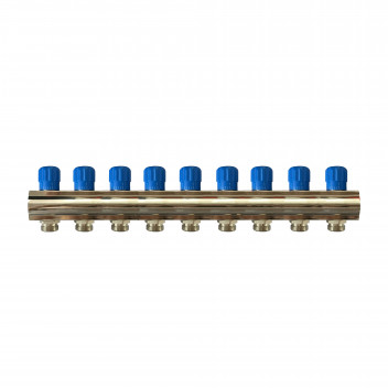 RELION 9 WAY 1\" BRASS NICKEL PLATED PLUMBING MANIFOLD WITH BLUE HANDLE