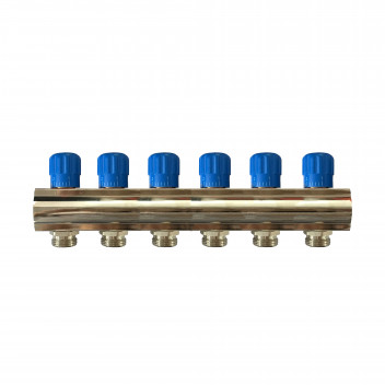 RELION 6 WAY 1\" BRASS NICKEL PLATED PLUMBING MANIFOLD WITH BLUE HANDLE