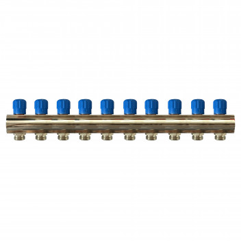 RELION 10 WAY 1\" BRASS NICKEL PLATED PLUMBING MANIFOLD C/W BLUE HANDLE