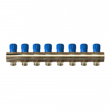 RELION 8 WAY 1\" BRASS NICKEL PLATED PLUMBING MANIFOLD WITH BLUE HANDLE